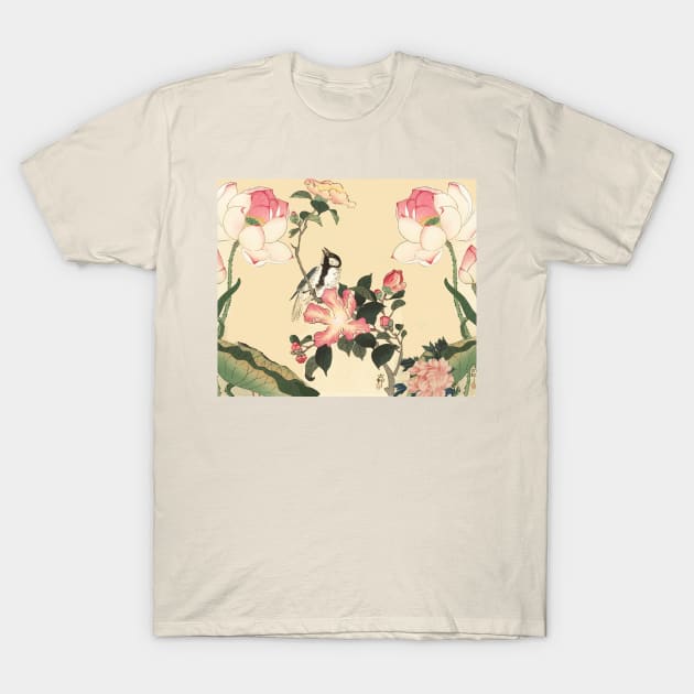 LITTLE BIRD WITH PINK ROSES AND LOTUS FLOWERS T-Shirt by BulganLumini